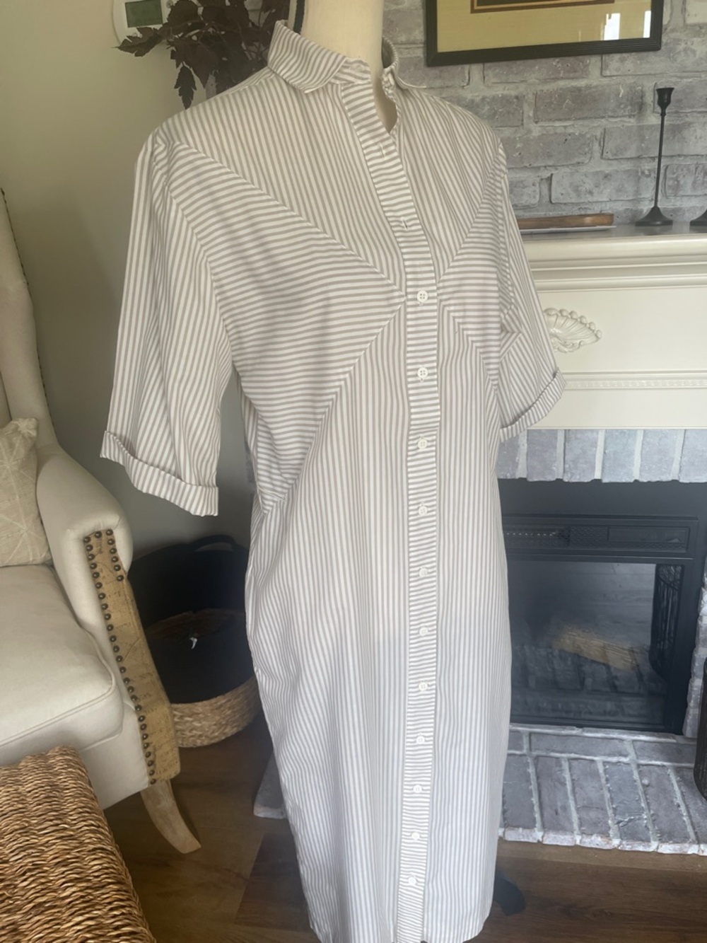 John Henry Tan & Cream Striped Shirt Dress short cuffed sleeves Pockets Size10P - Picture 4 of 14